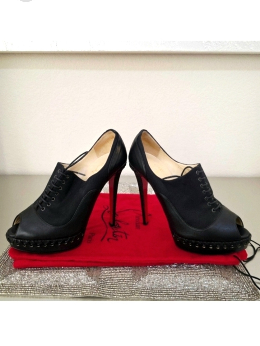 Christian Louboutin Black Leather lace up Peep-toe Ankle Booties EU 38.5 / US 8 - Picture 3 of 10